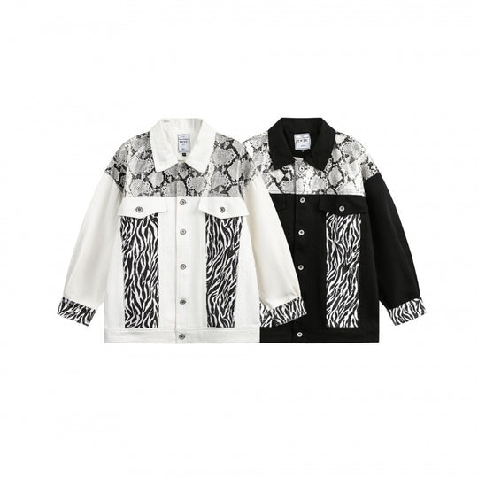 Damen Oversize-Jeansjacke im Patchwork-Tierprint mit Reverskragen und Pattentaschen Shop Nory