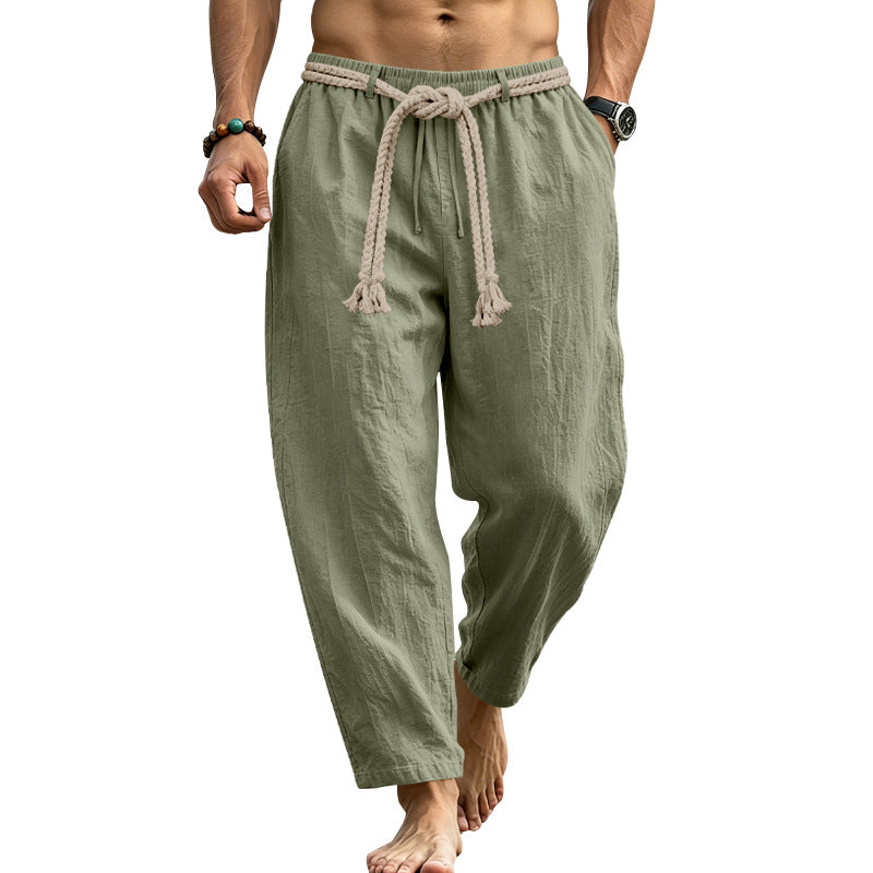 Herren lässige Leinen-Loungehose mit elastischem Bund, dekorativem Seilgürtel und Seitentaschen Shop Nory