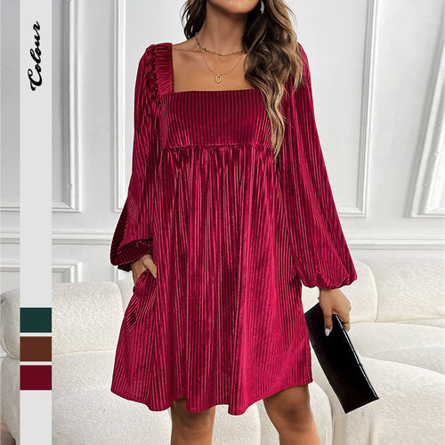 Damen Plissiertes Samt-Babydollkleid mit quadratischem Ausschnitt, Ballonärmeln und Eingrifftaschen Shop Nory