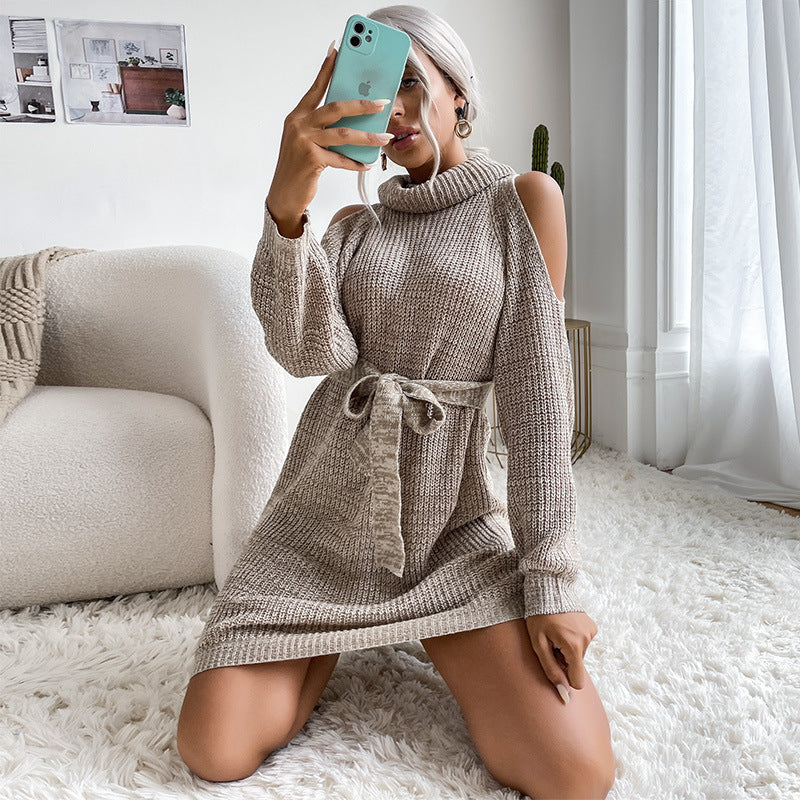 Damen Schulterfreies Rollkragen-Strickkleid mit Taillengürtel Shop Nory