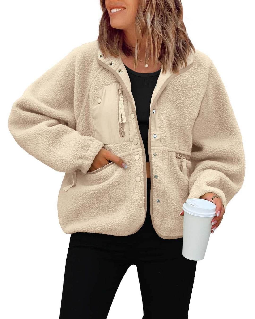 Damen kuschelige Fleecejacke mit praktischen Taschen