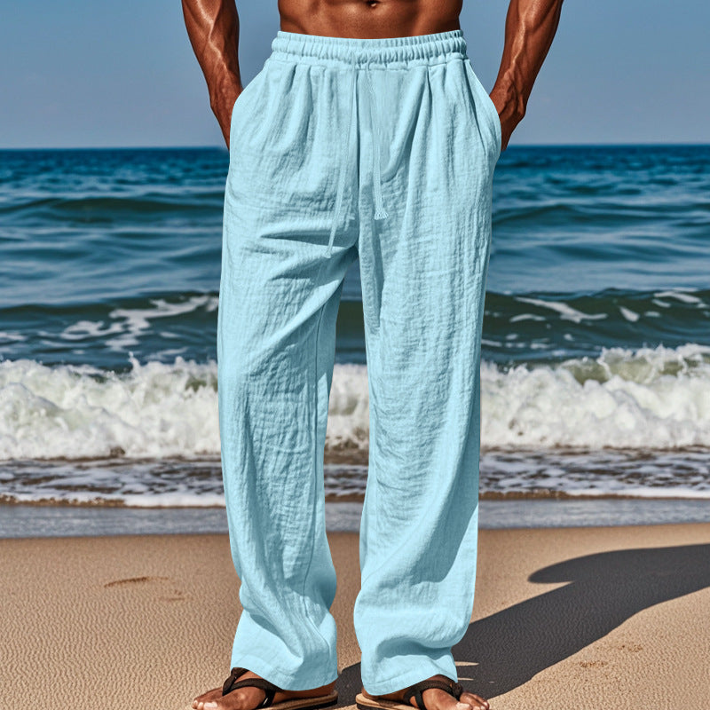 Herren nan luftige Strandhose aus Baumwoll-Leinen mit Tunnelzug und Seitentaschen