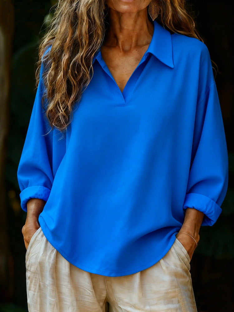Damen lässige Bluse mit V-Ausschnitt und geknöpftem Kragen Shopnory