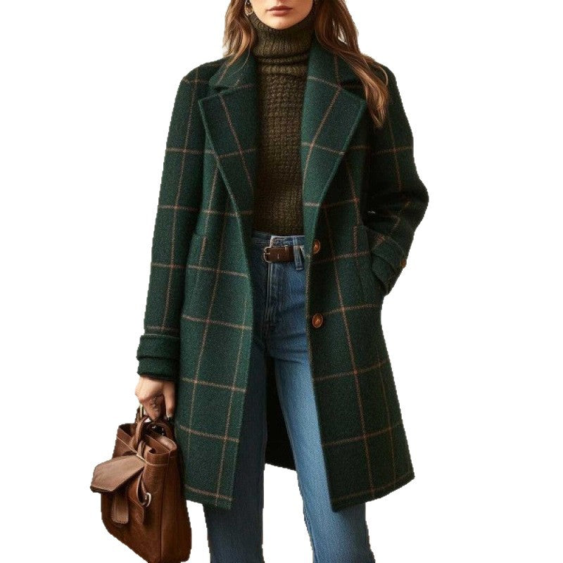 Damen nan karierter Wollmix Mantel mit Reverskragen, aufgesetzten Taschen und taillierter Silhouette Shop Nory