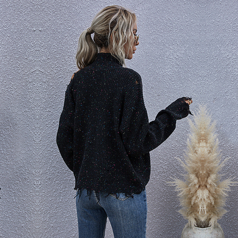 Damen Grobstrickpullover mit hohem Kragen, asymmetrischem Schultercut‑Out und ausgefranster Saum Shop Nory