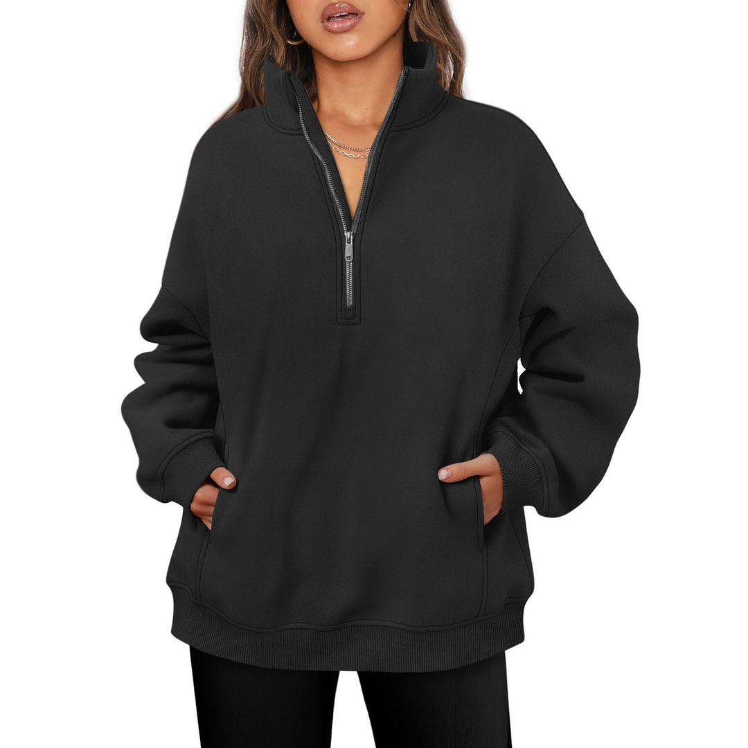 Damen nan oversized Halbzip-Pullover mit Stehkragen, Kängurutasche und Rippbündchen Shop Nory