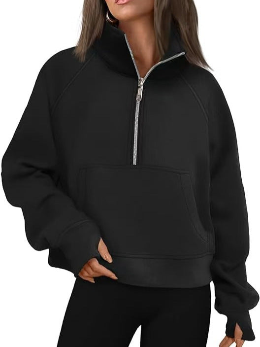 Damen nan oversized Halbzip Pullover mit Kängurutasche, Daumenlöchern und hohem Kragen Shop Nory