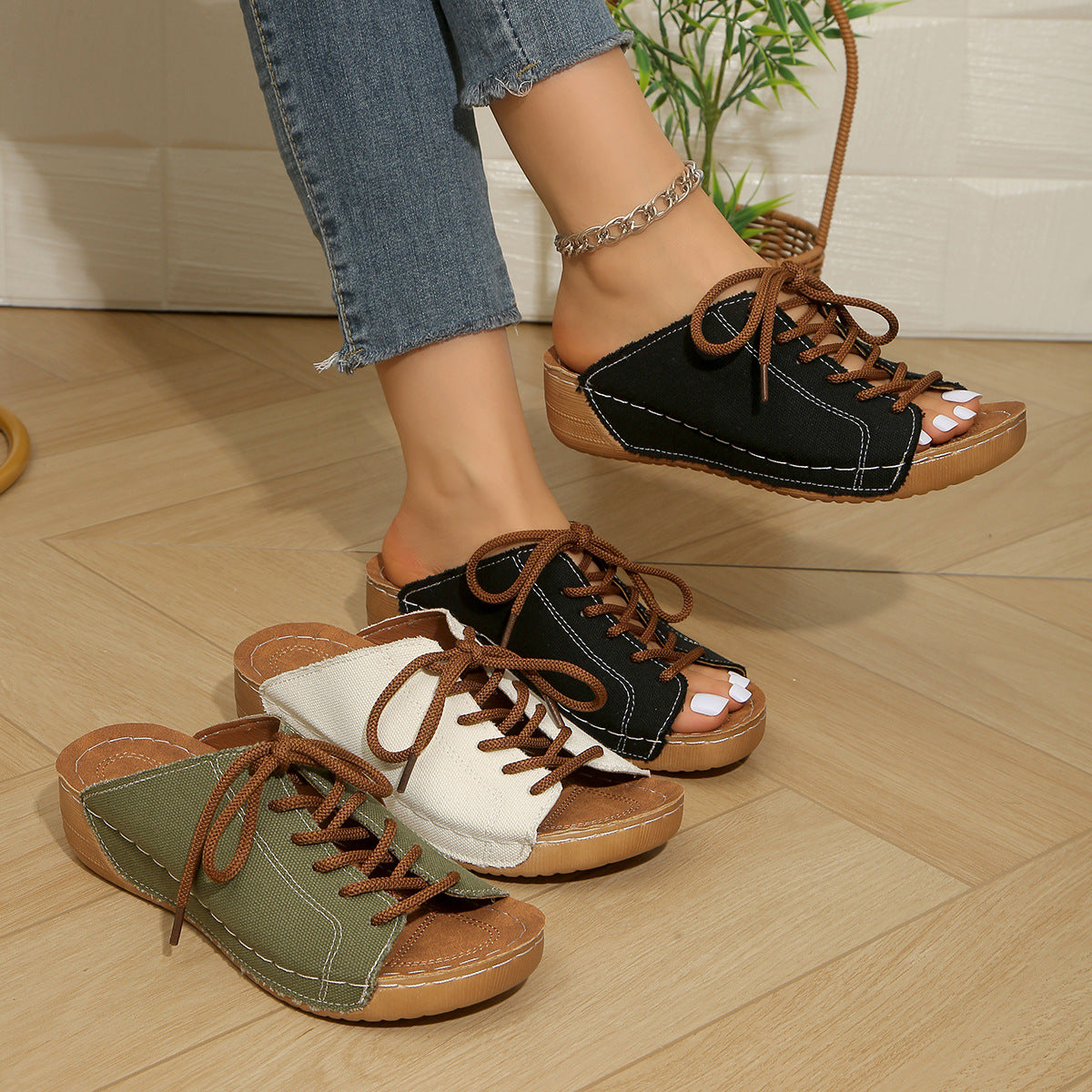 Damen bequeme Freizeit-Sandalen mit Schnürung und atmungsaktiver Textiloberfläche