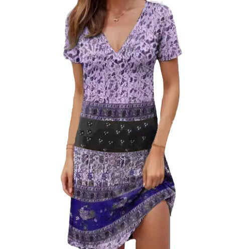 Damen Kurzarmkleid mit modischem V-Ausschnitt und kreativem Muster