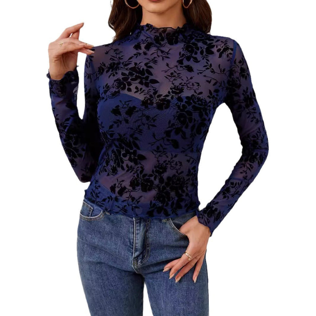 Damen nan transparentes Netzoberteil mit samtigem Floraldruck und Stehkragen