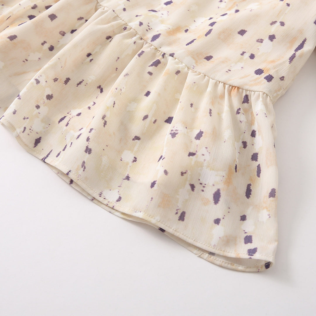 Damen Schluppenbluse mit Volantbesatz, Aquarellprint und Ballonärmeln Shop Nory