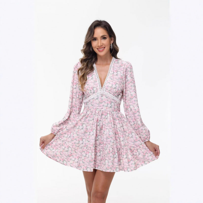 Damen Boho-florales Minikleid mit V-Ausschnitt und Puffärmeln Shop Nory