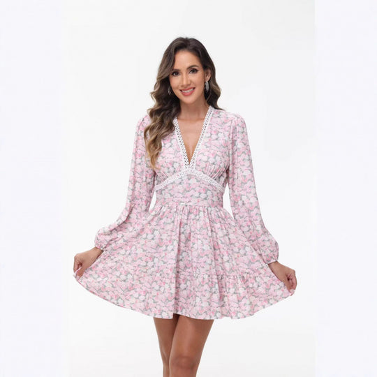 Damen Boho-florales Minikleid mit V-Ausschnitt und Puffärmeln Shop Nory