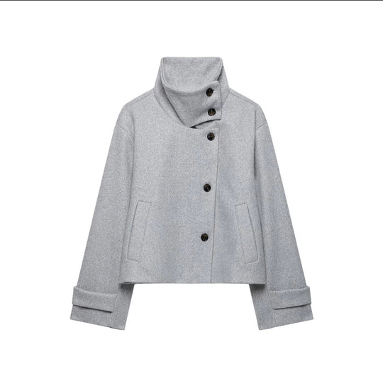 Damen Cropped Wollmix-Kurzjacke mit hohem Stehkragen, asymmetrischer Knopfleiste und Krempelmanschetten Shop Nory