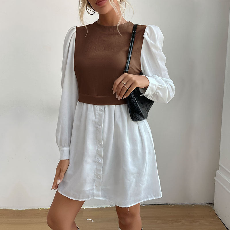 Damen Hemdblusenkleid mit eingesetzter kurzgeschnittener Weste, Puffärmeln und taillierter Silhouette Shop Nory