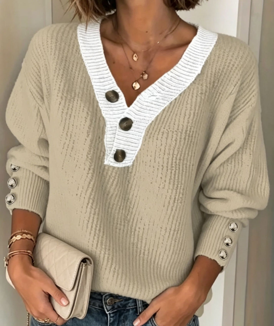 Damen Feinstrickpullover mit tiefem V-Ausschnitt, kontrastierter Knopfleiste und Zierknopf-Ärmeln Shop Nory