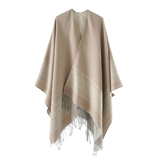 Damen Reversibler Wollmix‑Überwurf im Kimono‑Fall mit ornamentaler Bordüre und Zierfransen Shop Nory