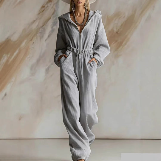 Damen Plissierter Kapuzen-Jumpsuit mit Reißverschluss und elastischer Taille Shop Nory