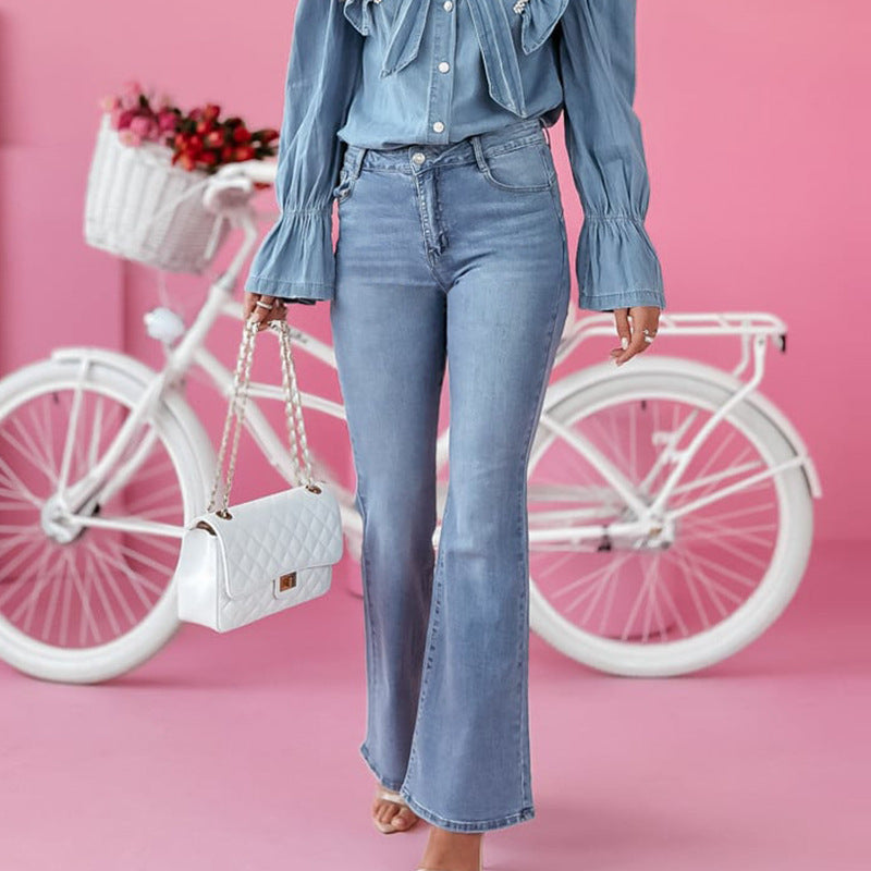 Damen Denim Hemd mit Rüschen und Schleifen-Details