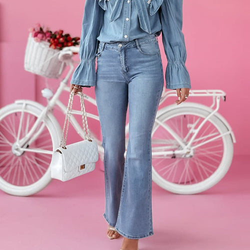 Damen Denim Hemd mit Rüschen und Schleifen-Details