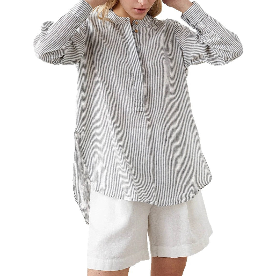 Damen Leichtes gestreiftes Tunika-Bluse mit Stehkragen und hohem Saum Shop Nory