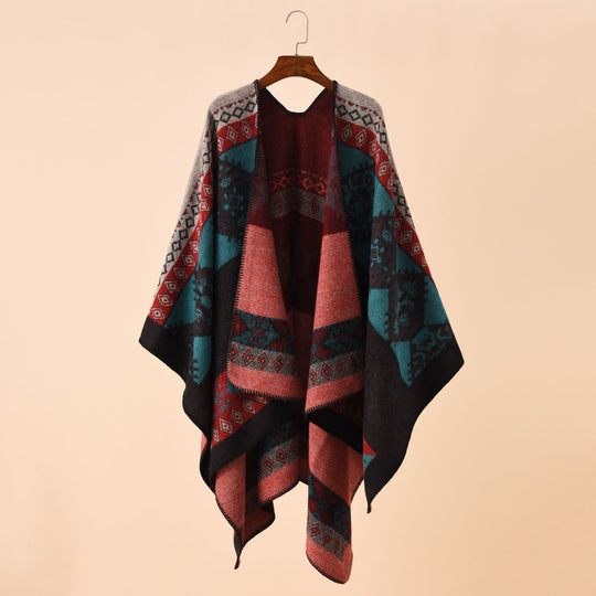 Damen Jacquard-Poncho im Deckenstil mit offener Front und Zierstich Shop Nory