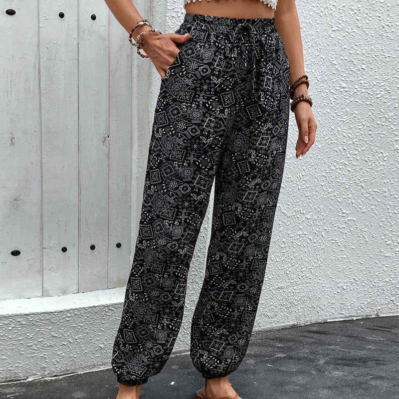 Damen Boho-Haremshose mit elastischem Taillenbund, Kordelzug und Seitentaschen Shop Nory
