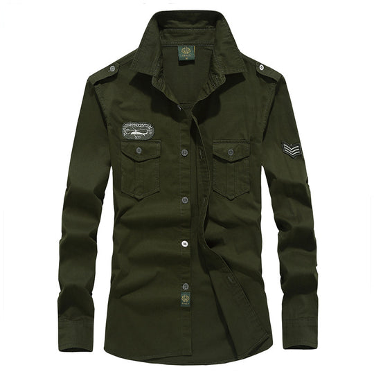 Herren Military-Utility Langarm-Canvashemd mit Brustpattentaschen und Schulterepauletten Shop Nory