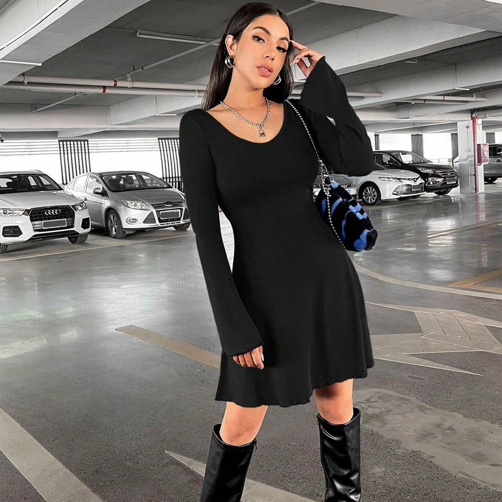 Damen geripptes A-Linien-Minikleid mit ausgestellten Glockenärmeln Shop Nory
