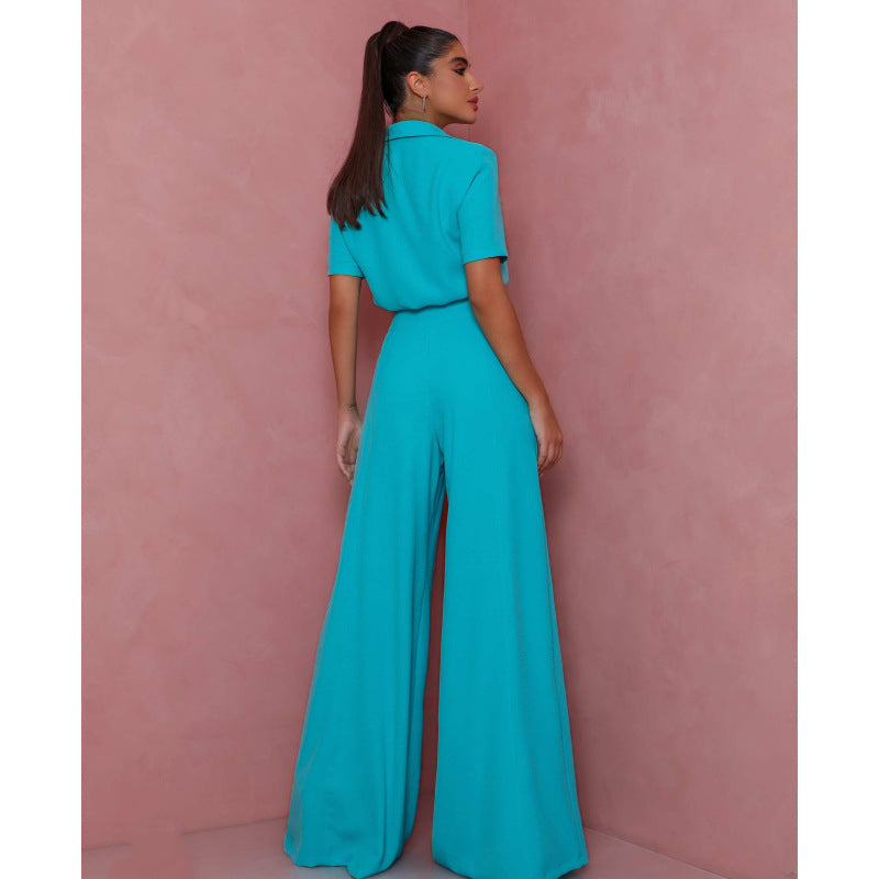 Damen Elegantes Kurzarm-Blusen und Palazzo-Hosen-Ensemble