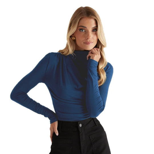 Damen Langarmshirt mit elegantem Wickeldesign und hochgeschlossenem Kragen