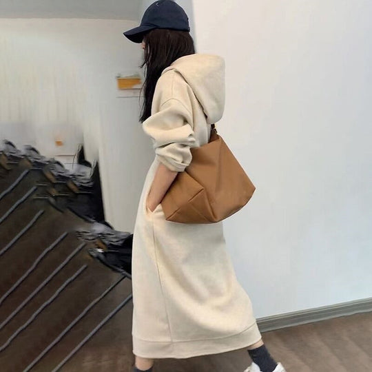 Damen Langes Oversize-Kapuzen-Sweatkleid mit Eingrifftaschen und legerer Maxi-Silhouette Shop Nory