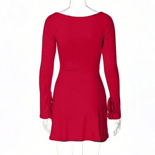 Damen figurbetontes Minikleid mit quadratischem Ausschnitt langen Ärmeln Bindbändern an den Ärmelabschlüssen und seitlichem Schlitz Shop Nory