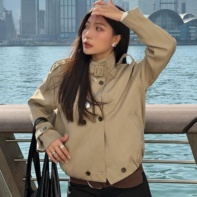 Damen Kurzjacke im Harrington-Stil mit Stehkragen, Kinnriemen und elastischem Bund Shop Nory