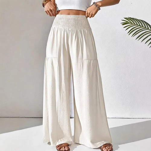 Damen weite Palazzo-Hose mit gerafftem Smock-Bund und Stufendetails Shop Nory