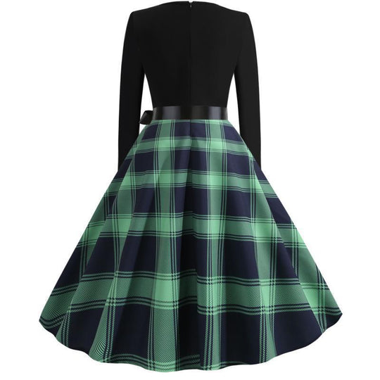 Damen Retro‑Swingkleid mit gezacktem Herzausschnitt, tailliertem Langarmoberteil und karierter Tellerrock Shop Nory