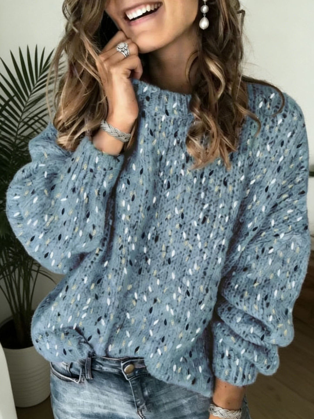 Damen Lockerer Mohair‑Optik Ajour‑Pullover mit Ballonärmeln Shop Nory