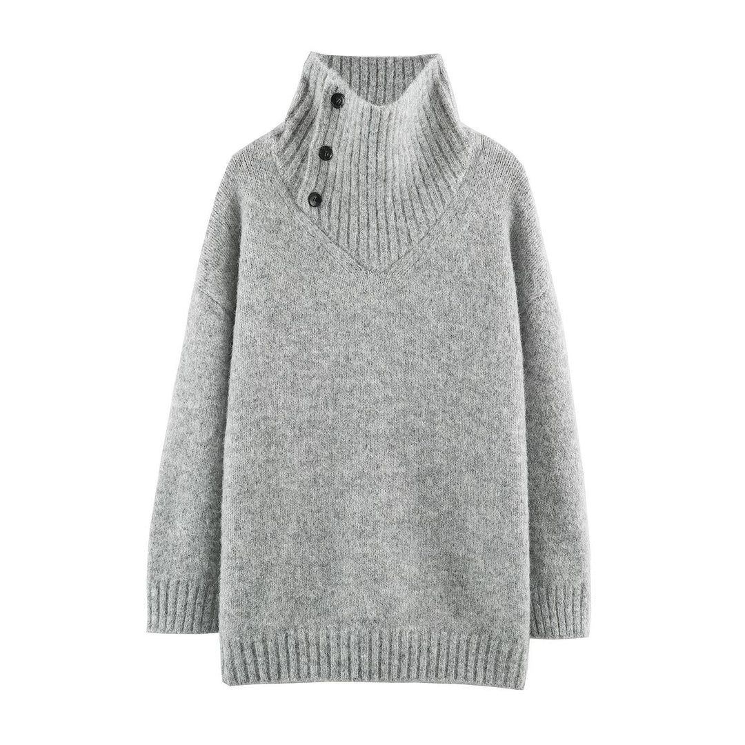 Damen Oversized Strickpullover mit hohem Rippkragen, Knopfdetail und V‑Ausschnitt Shop Nory