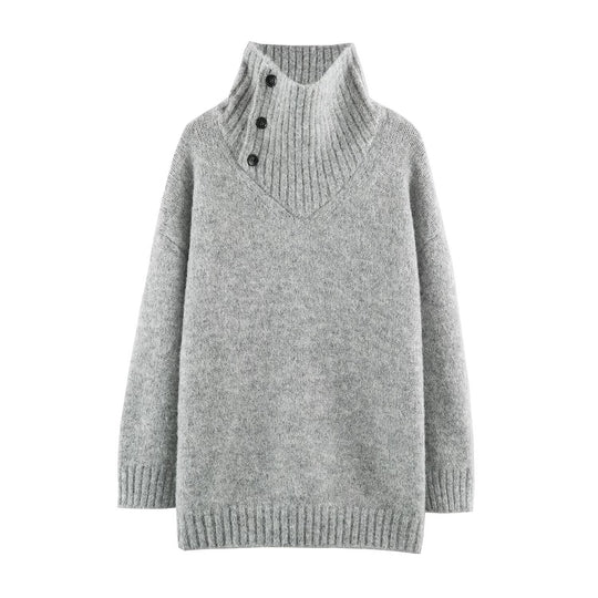 Damen Oversized Strickpullover mit hohem Rippkragen, Knopfdetail und V‑Ausschnitt Shop Nory