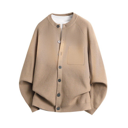 Unisex Leichter Feinstrick-Cardigan mit Rundhalsausschnitt, Brusttasche und Raglanärmeln Shop Nory
