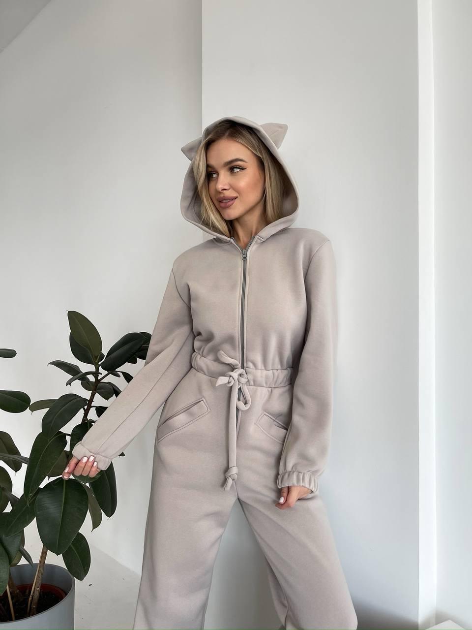 Damen Kuscheliger Kapuzen-Overall mit Katzenohren und Taillenzug Shop Nory
