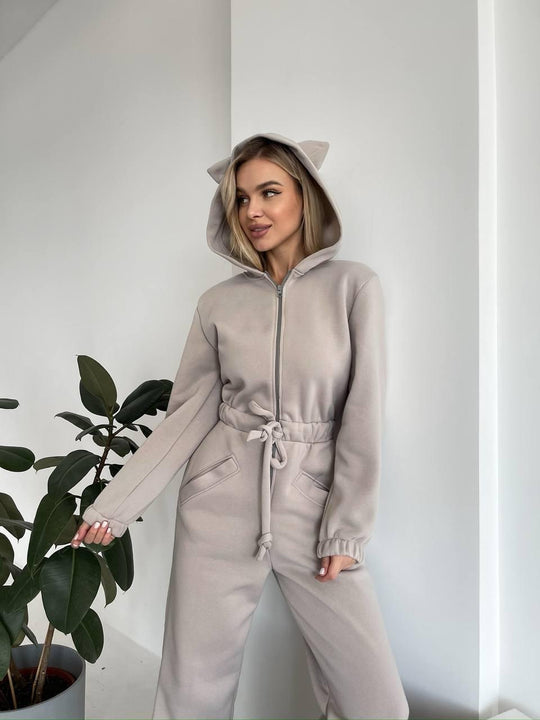Damen Kuscheliger Kapuzen-Overall mit Katzenohren und Taillenzug Shop Nory