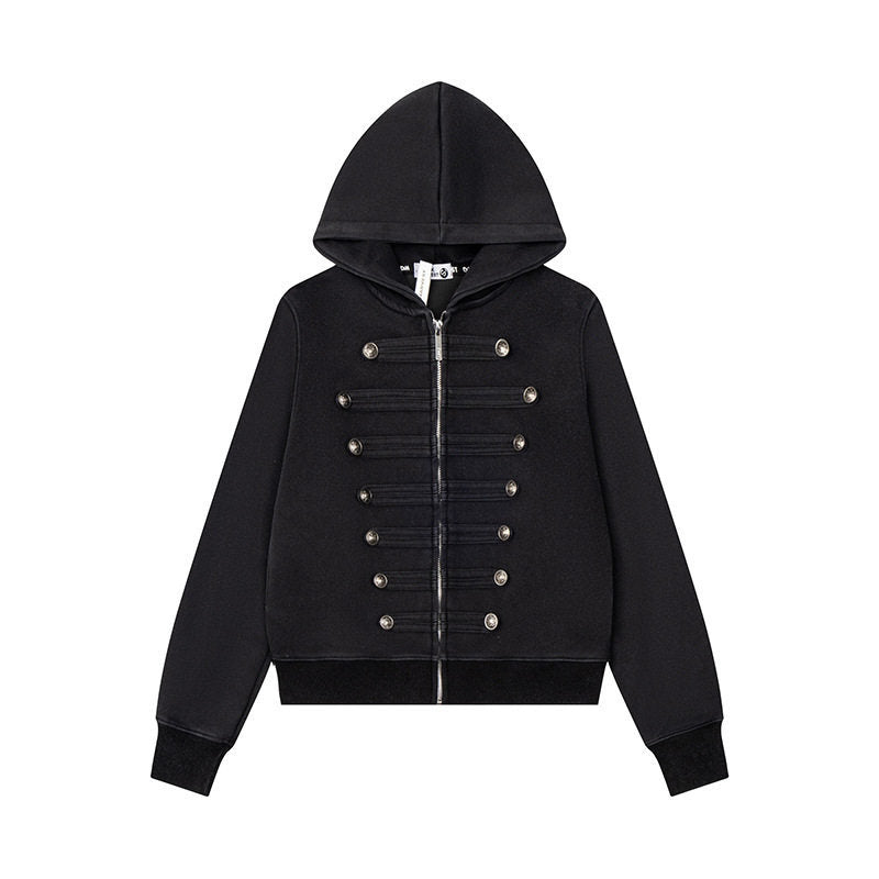 Damen Kapuzen-Sweatjacke mit militärischer Knopfverzierung und durchgehendem Reißverschluss Shop Nory
