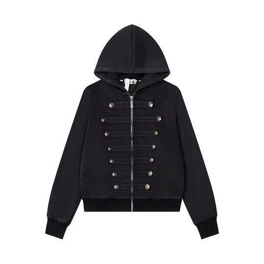 Damen Kapuzen-Sweatjacke mit militärischer Knopfverzierung und durchgehendem Reißverschluss Shop Nory