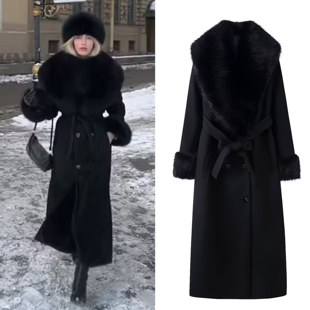 Damen Langer eleganter Wollmix-Mantel mit breitem Kunstfellkragen, Bindegürtel und Fellmanschetten Shop Nory