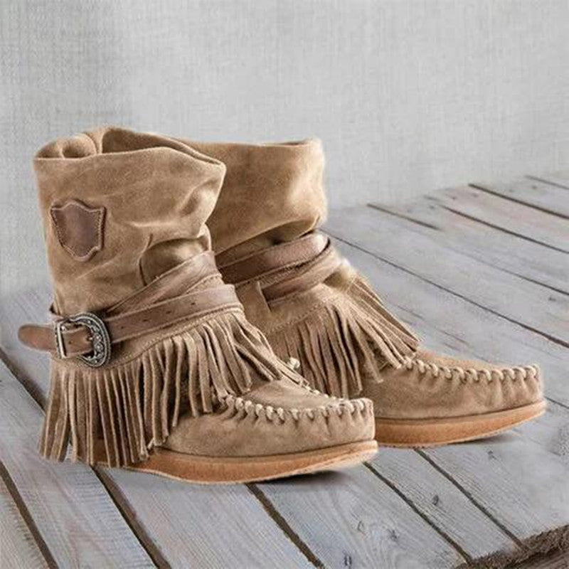 Damen Mokassin-Stiefel mit fransigen Details und modischer Schnalle
