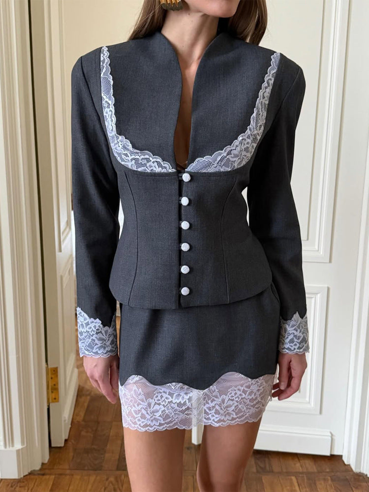 Damen Tailliertes Blazer- und Minirock-Set mit Spitzenbesatz Shop Nory