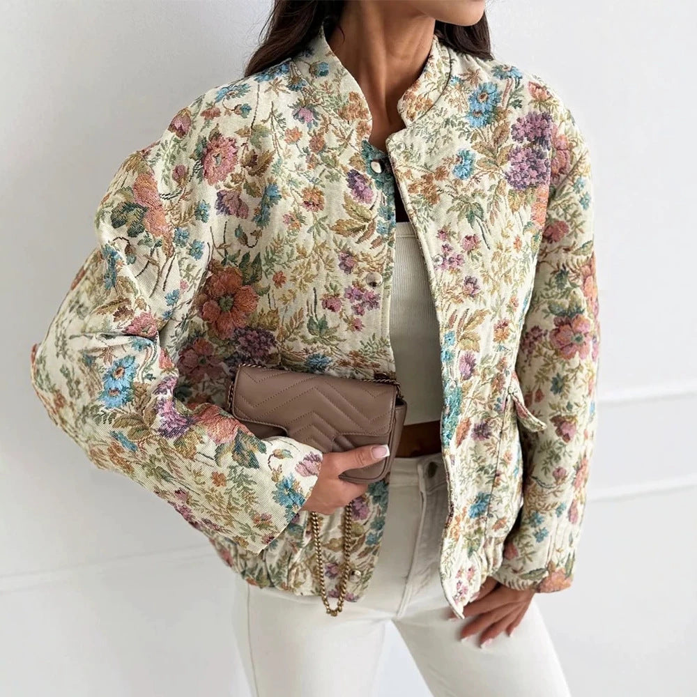 Damen Florale Jacquard-Steppjacke mit Stehkragen und elastischem Saum Shop Nory