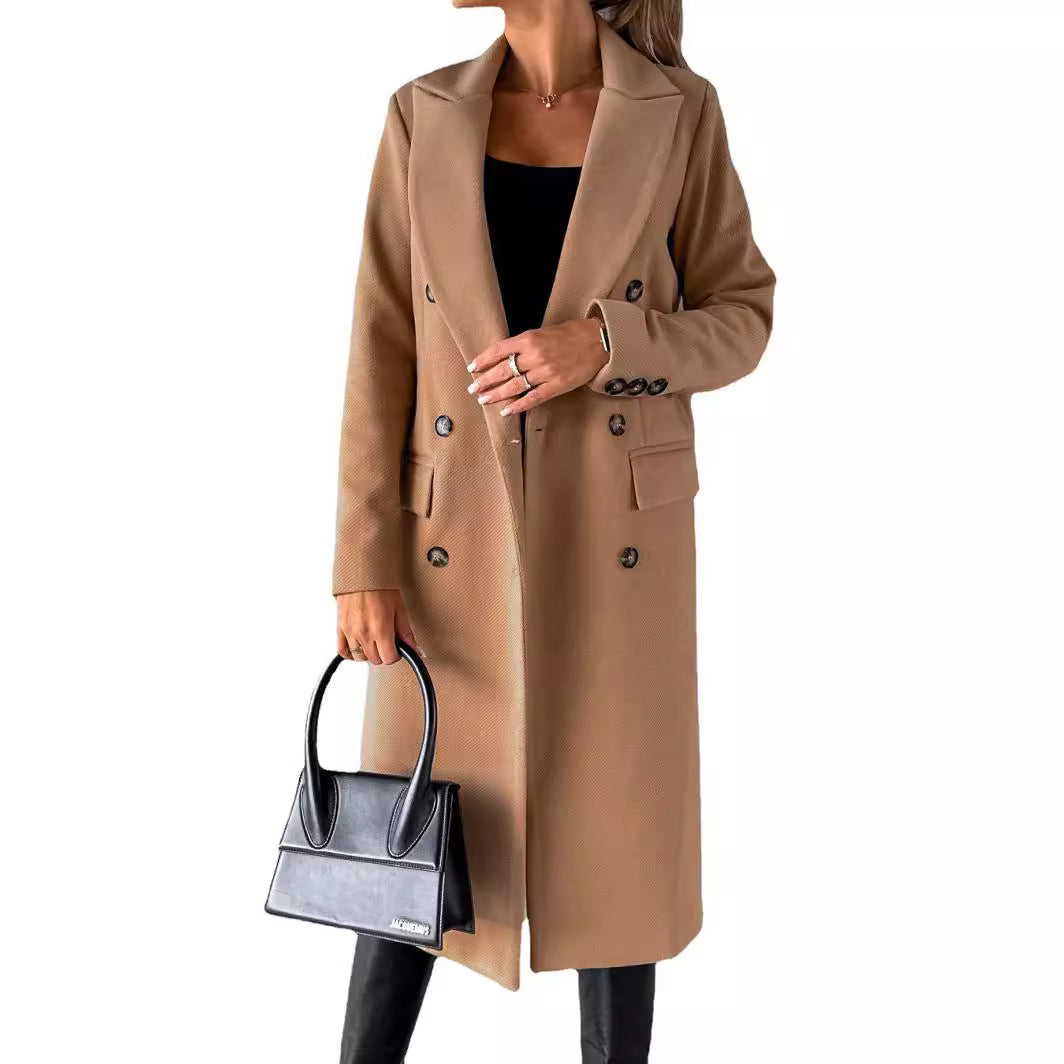 Damen Doppelreihiger Wollmantel im Longline‑Schnitt mit Reverskragen und Pattentaschen Shop Nory