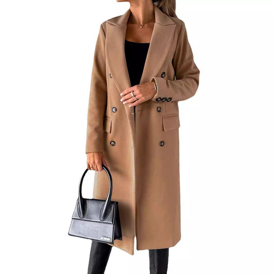 Damen Doppelreihiger Wollmantel im Longline‑Schnitt mit Reverskragen und Pattentaschen Shop Nory